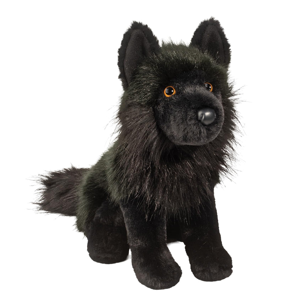 Douglas Vilkas black wolf plush with detailed fur, ideal for cozy decor and kids' hugs.