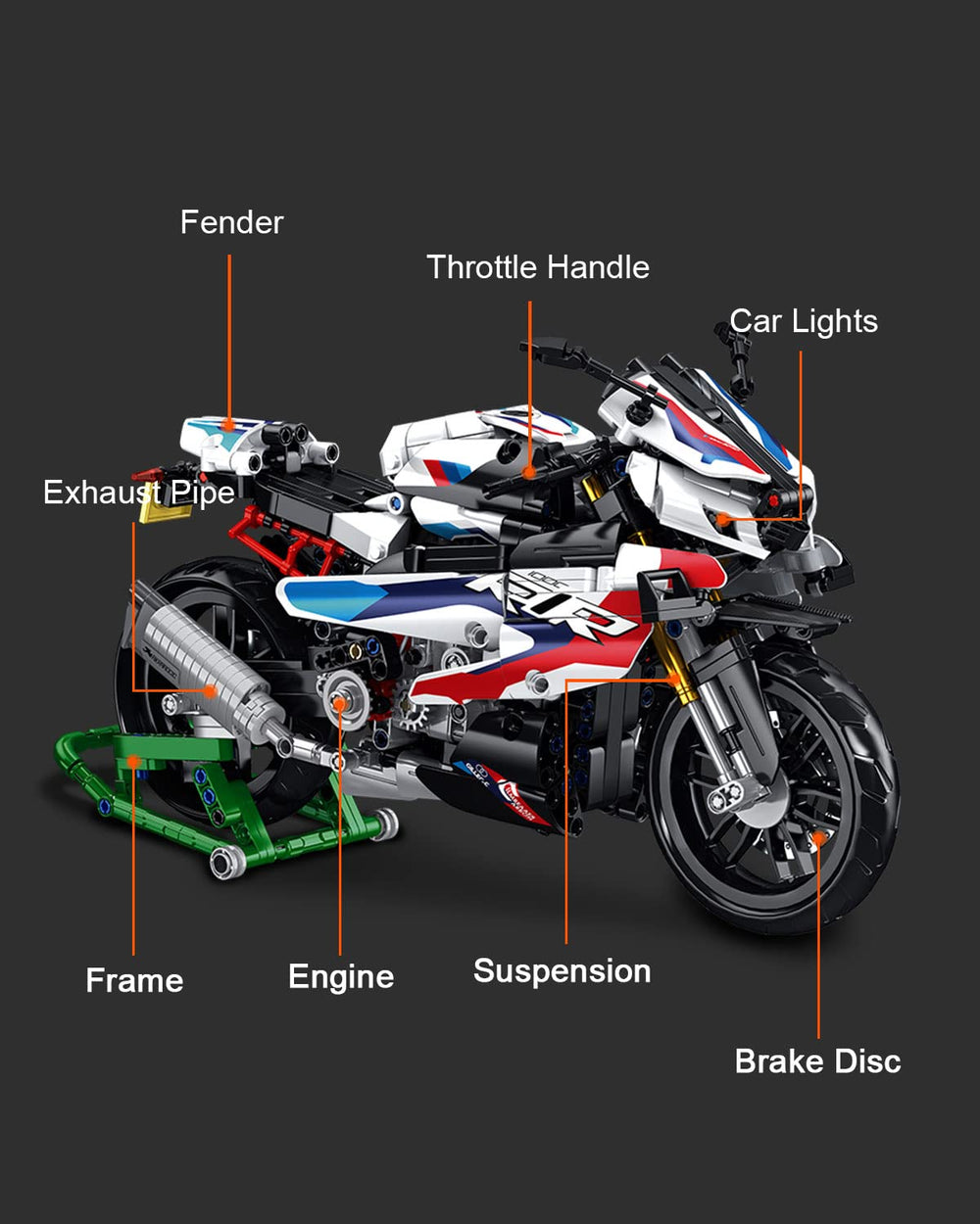 dOvOb Motorcycle 1000 RR model assembly in progress with clear steps