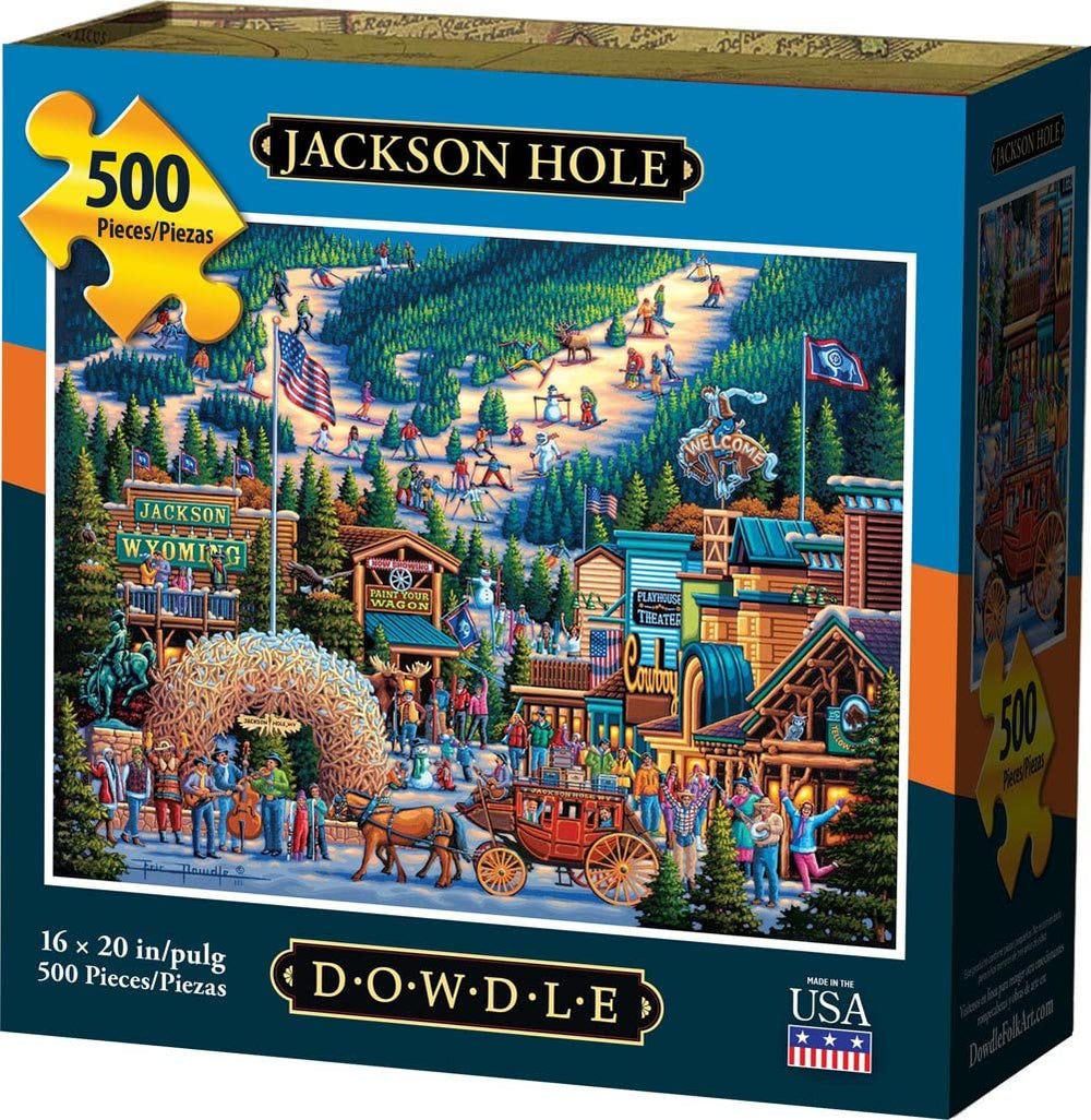 Dowdle Jackson Hole puzzle box front with vibrant colors, ideal for display or gifting.