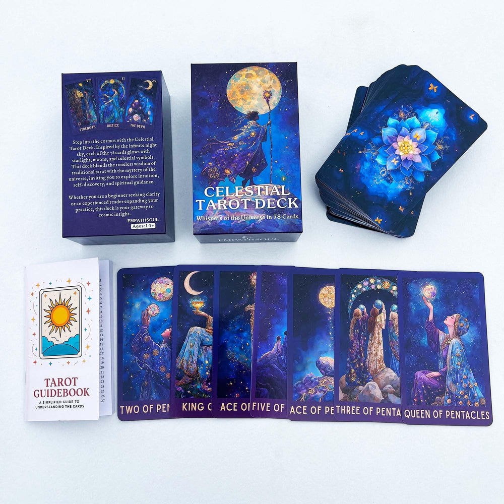 DPEHAKMK Celestial Tarot 400 gsm stock ensures durable, smooth shuffles.