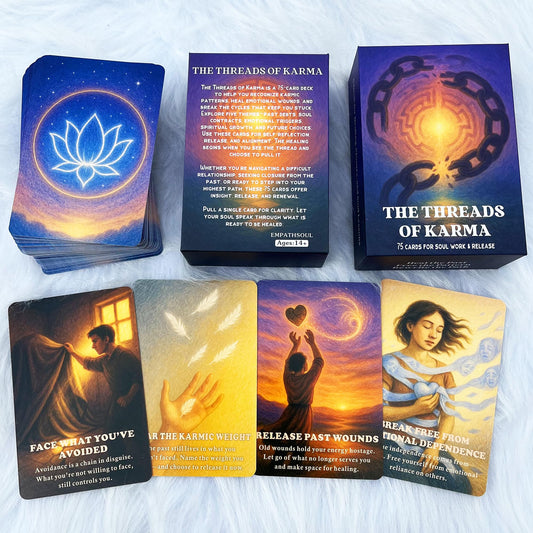 DPEHAKMK Karmic Healing Deck front view invites reflective journaling and daily spiritual practice.