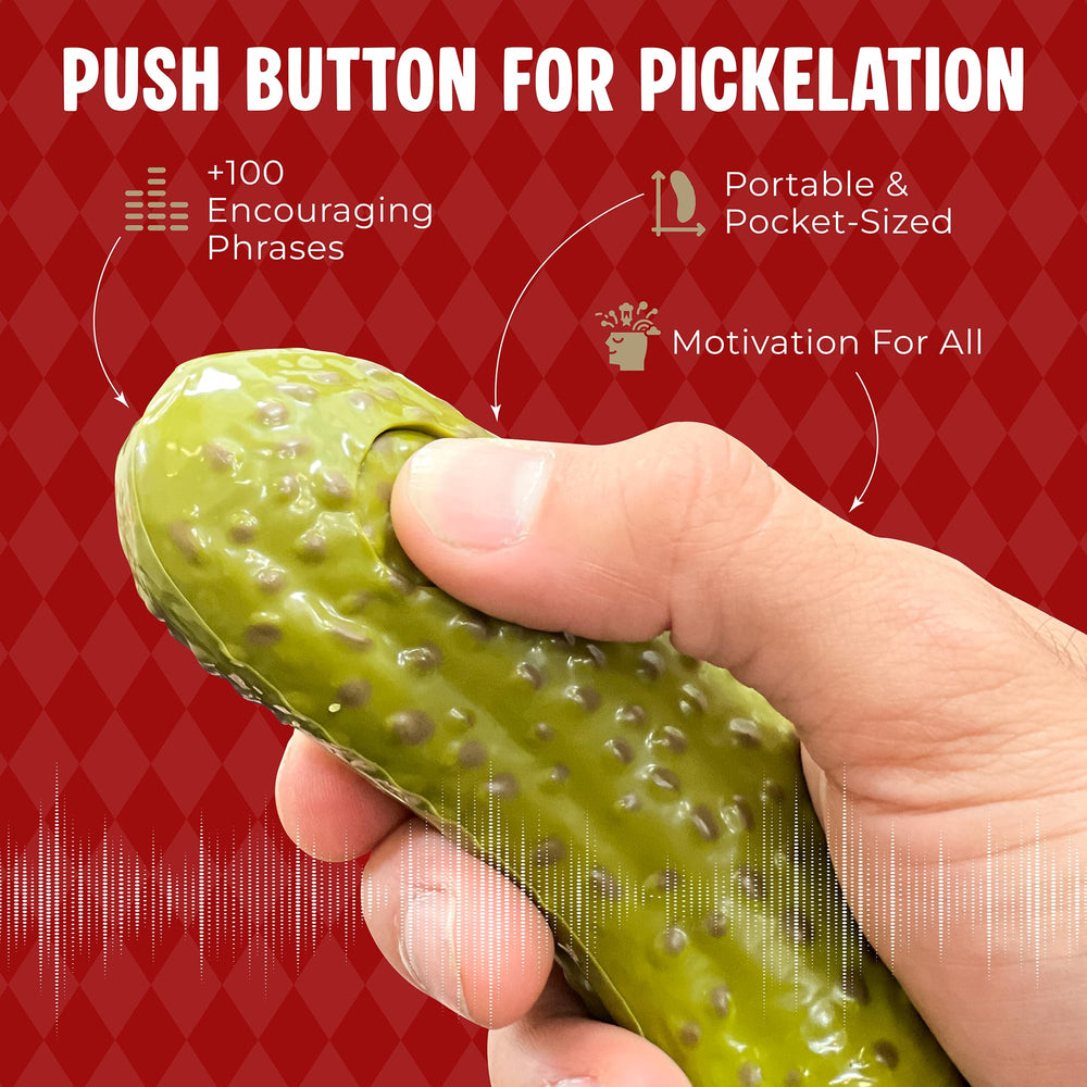 DR DINGUS emotional support pickle press button demonstrates quick mood-boost options