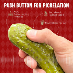 DR DINGUS emotional support pickle press button demonstrates quick mood-boost options