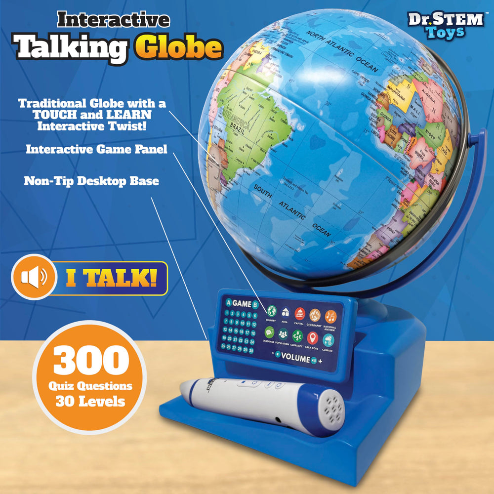 Dr. STEM Toys globe with 300+ questions across 30 levels.