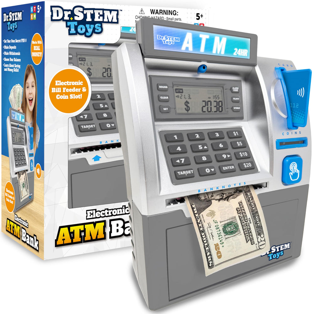 Dr. STEM Toys Kids ATM bill feeder in action demonstrating deposits and money handling
