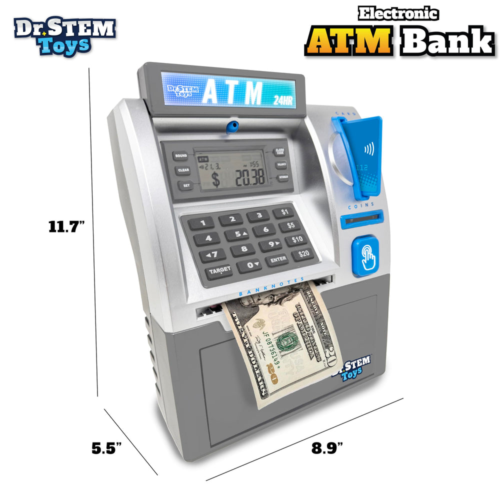 Dr. STEM Toys Kids ATM coin counter showing precise change tracking