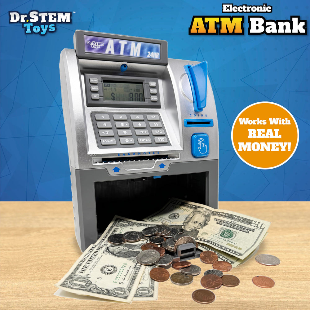 Dr. STEM Toys ATM LCD display displaying current balance for math learning