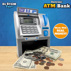 Dr. STEM Toys ATM LCD display displaying current balance for math learning