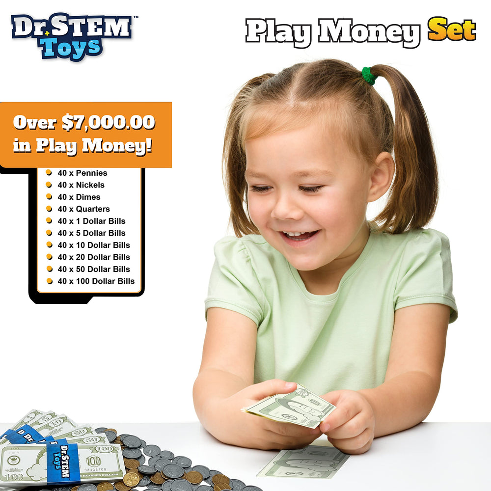 Dr. STEM Toys Play Money box demonstrates organized pretend finance storage.