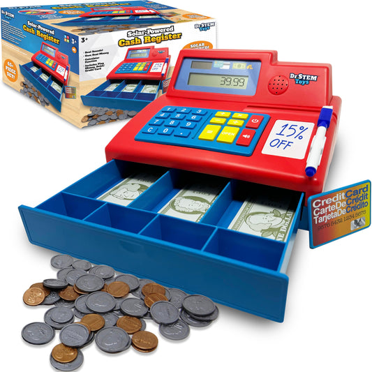 Dr. STEM Toys solar-powered calculator cash register in red for interactive math play.