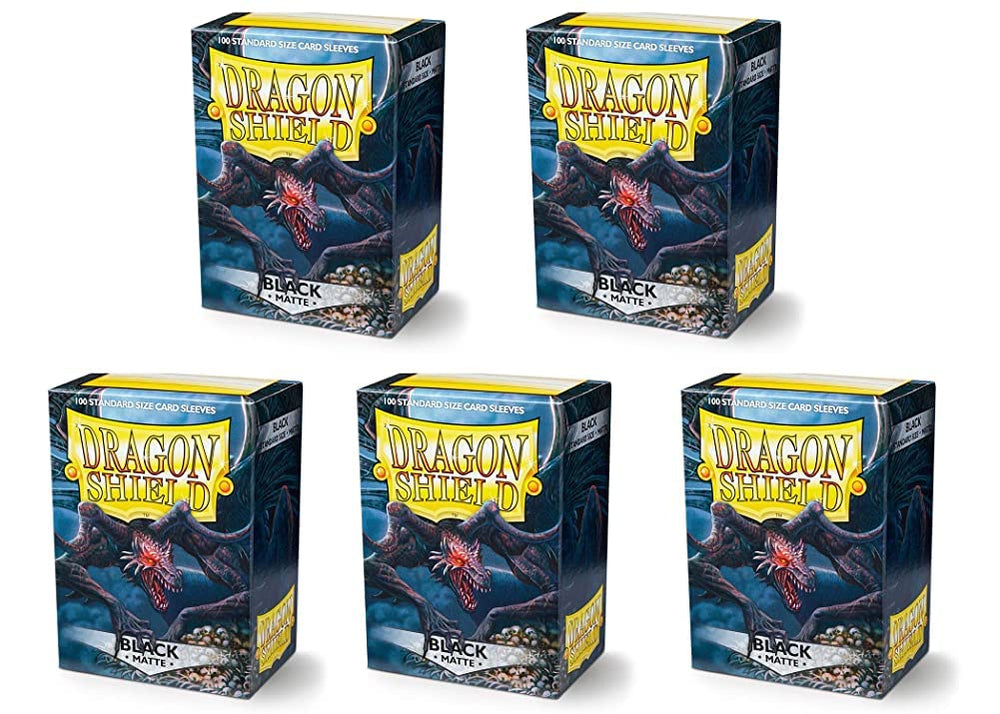 Dragon Shield matte black sleeves box front shows 100 sleeves per box for protection.
