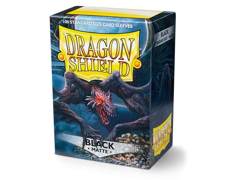 Dragon Shield matte black sleeves lid shows label for personal organization.