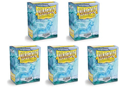 Dragon Shield matte clear standard-size sleeves shown in a five-pack bundle for protection and readability.