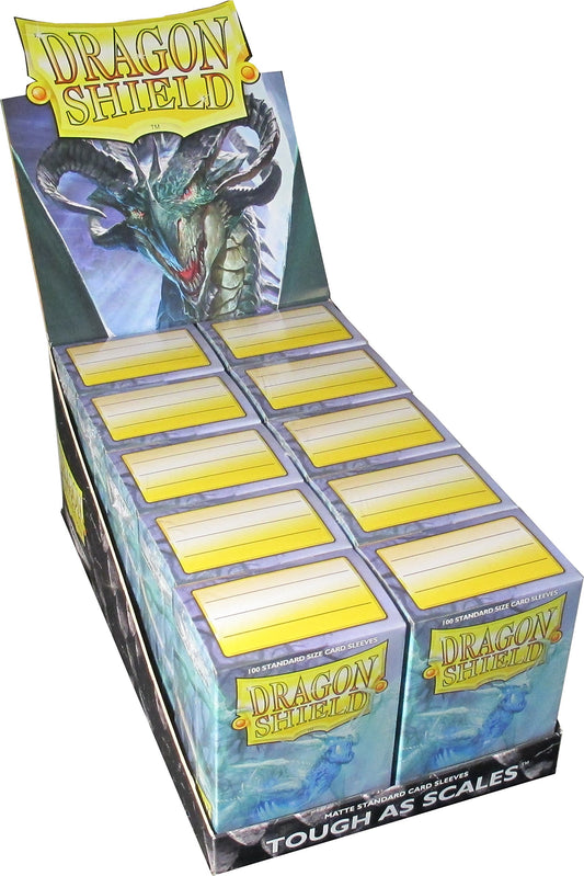 Dragon Shield matte clear sleeves display box front view for organized storage.