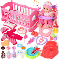 DRAMATION 12inch baby doll with crib enables gentle bedtime pretend play.