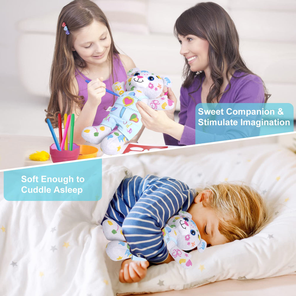 DRAWMYTOY coloring plush bear shown with washable markers for easy cleanups
