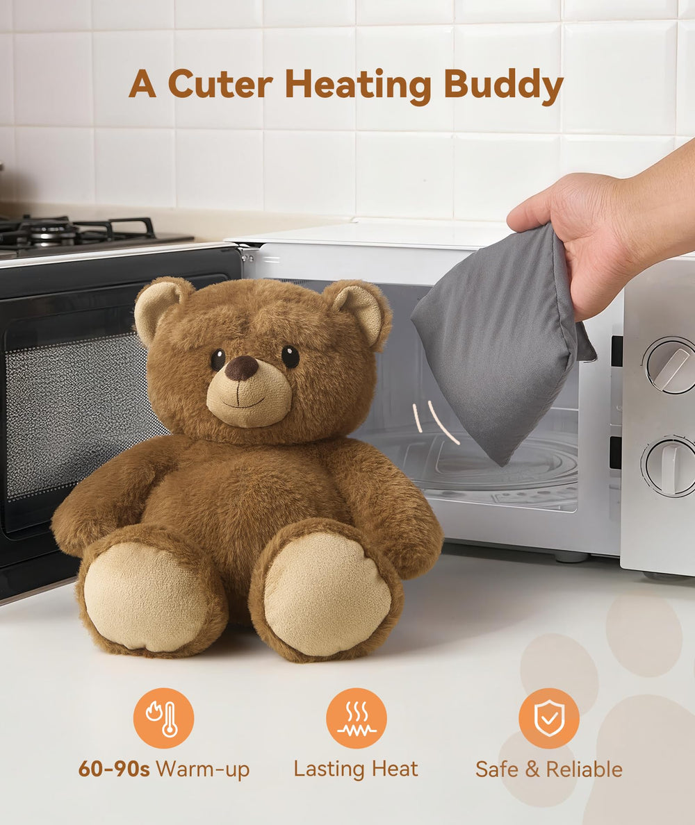 Dreamegg removable heating pad shown beside the bear for easy warming.