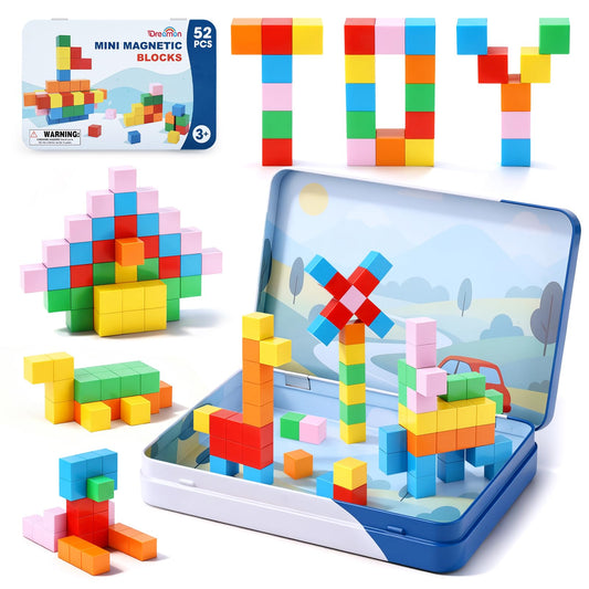 Dreamon 52-pcs magnetic blocks in a metal tin storage for mess-free travel play.