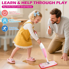Dreamon Kids Spray Mop squeegee highlights easy mess cleanup during pretend cleaning