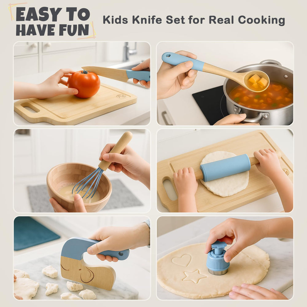 Dreamon wooden cutting board designed for safe, easy chopping by small hands.