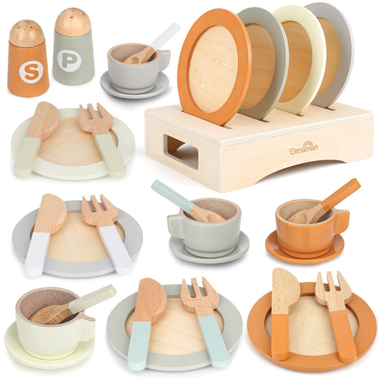 Dreamon wooden play dishes with a kitchen stand for organized pretend dining