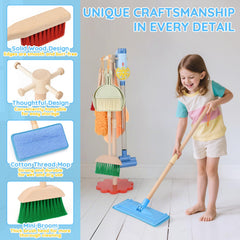 Dreamon wooden toddler cleaning set brush highlights safe, accessible cleaning actions