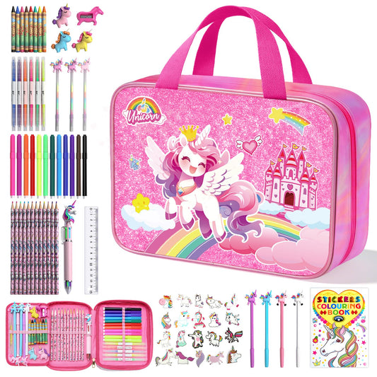 DreamyCandy 73pcs unicorn markers set in glitter case for imaginative coloring.