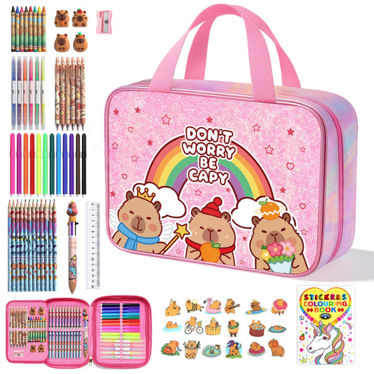 DreamyCandy Capybara marker set with glitter pencil case, portable art on the go