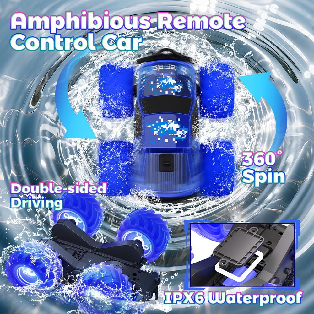 Drefirsa amphibious RC truck with waterproof electronics for wet outdoor use.