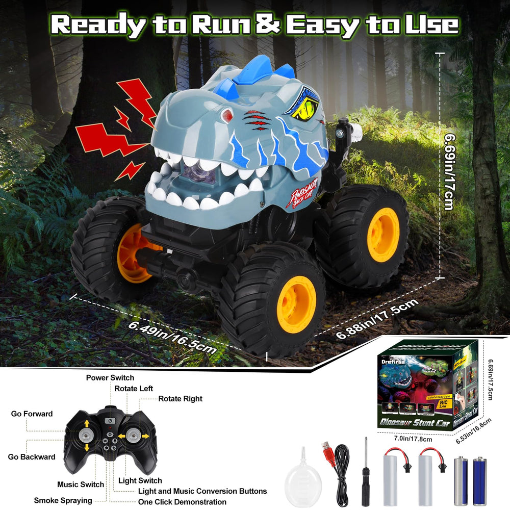 Drefirsa dinosaur RC monster truck built from durable ABS for kids' rough play.