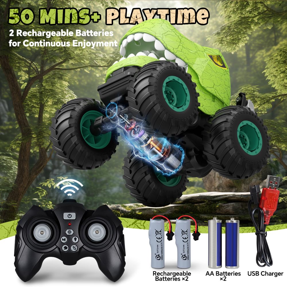 Drefirsa dinosaur RC stunt car with 90-degree upright drive for versatile stunts.