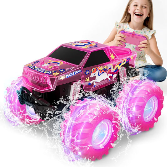 Drefirsa pink monster truck with LED lights for exciting nighttime play.