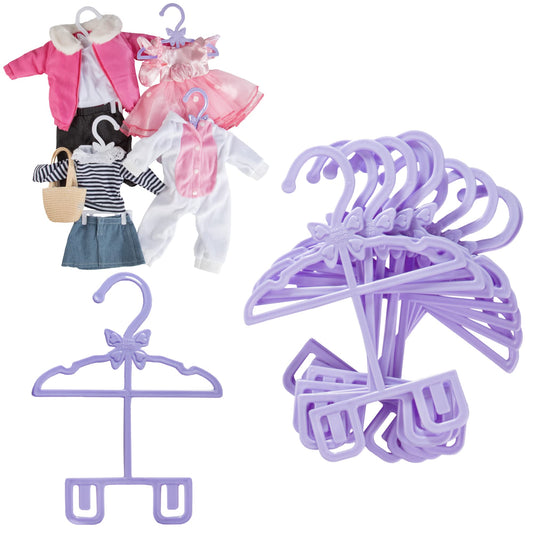 Dress Along Dolly 12-pack purple outfit hangers neatly organize 18-inch doll outfits.