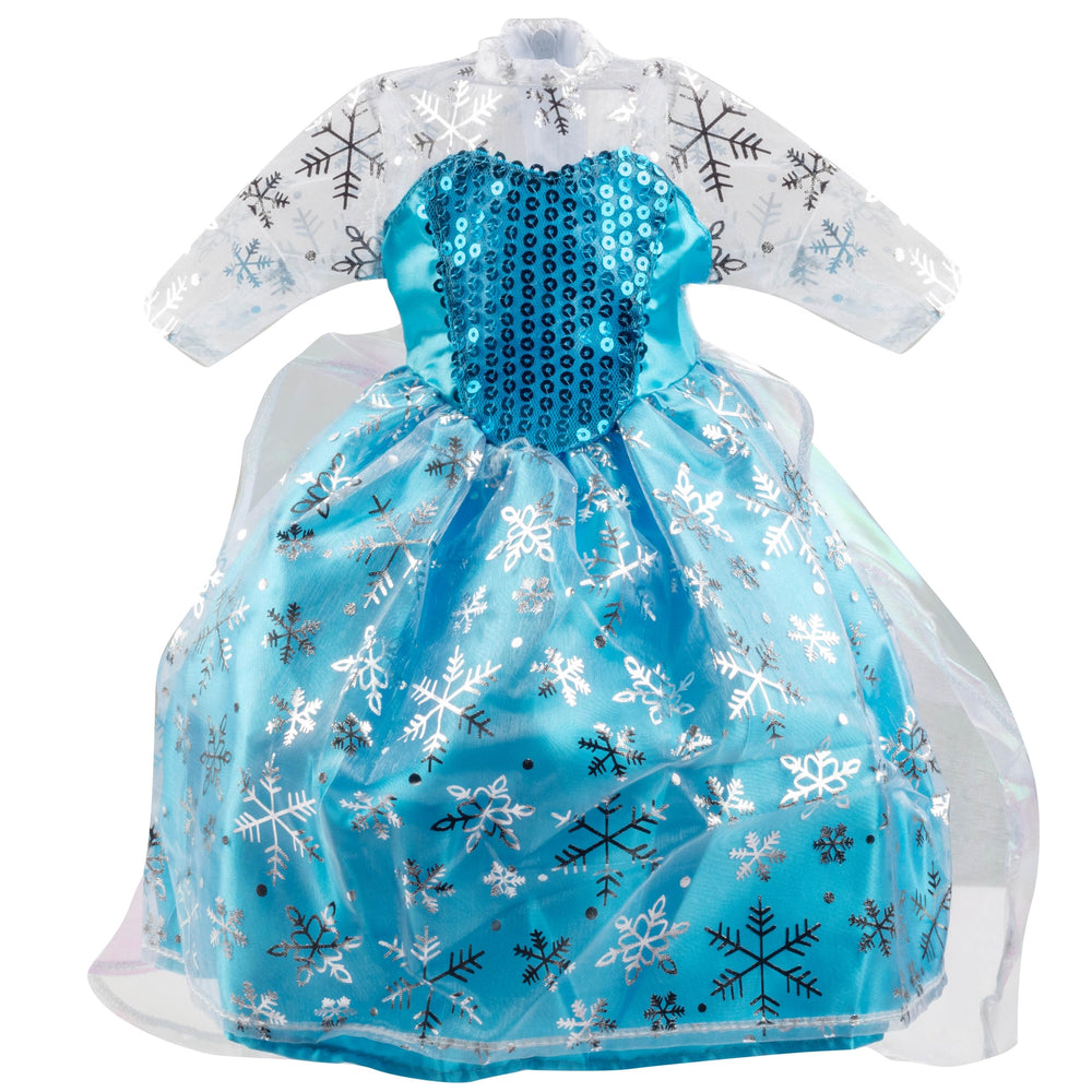 Dress Along Dolly blue snowflake design dress, close-up, premium fabric for durable, joyful play.