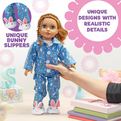 Doll wearing Dress Along Dolly outfit, ready for nighttime routines.