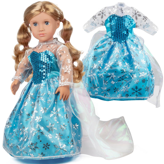 Dress Along Dolly Elsa-inspired dress, front view, ideal for imaginative play with 18-inch dolls.