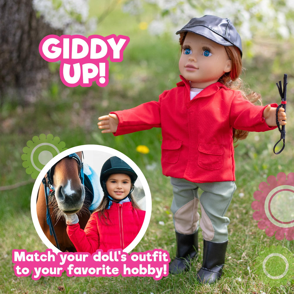 Dress Along Dolly equestrian crop offers a prop for confident, action-filled play.