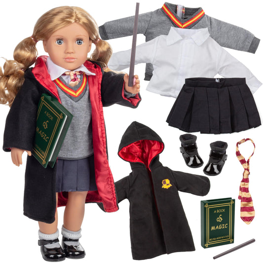 Dress Along Dolly Hermione robe for 18-inch dolls fuels magical roleplay.