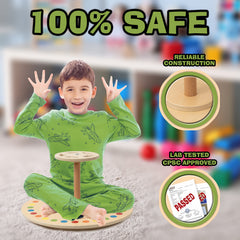 Driddle wooden spinner seat in a playroom shows safe engaging activity
