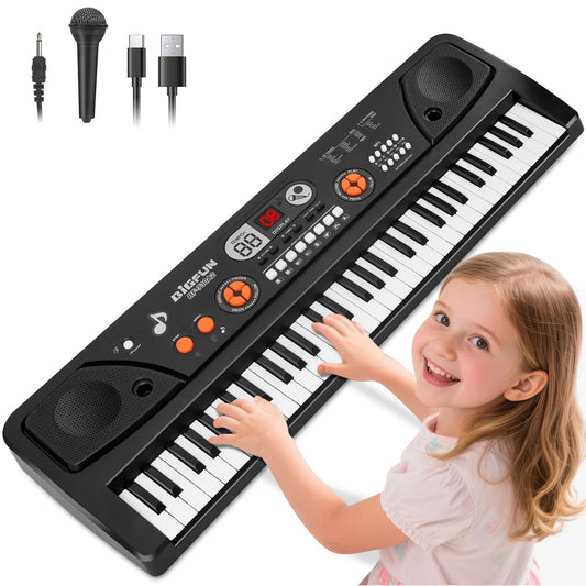 Drmukie 61-key kids piano front view highlights beginner-friendly design and portability.