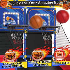 Drmukie Upgrade Dual Basketball Arcade bottom storage keeps toys organized.