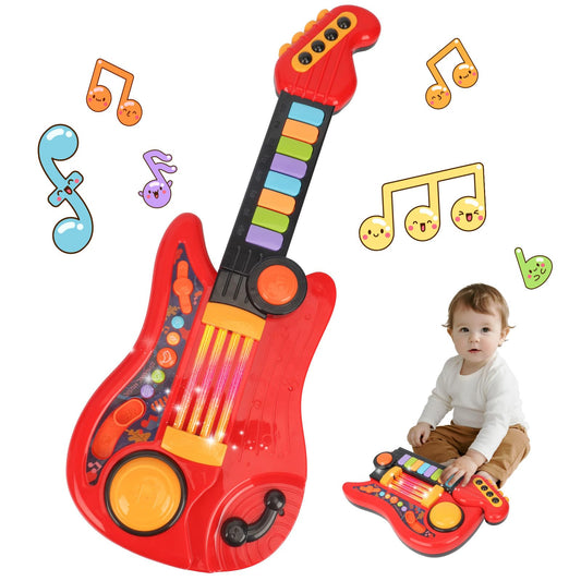 Drmukie kids guitar toy folds flat with no strings for safe, portable play.