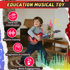 Drmukie Kids Guitar Toy red side view shows portable design for on-the-go play.
