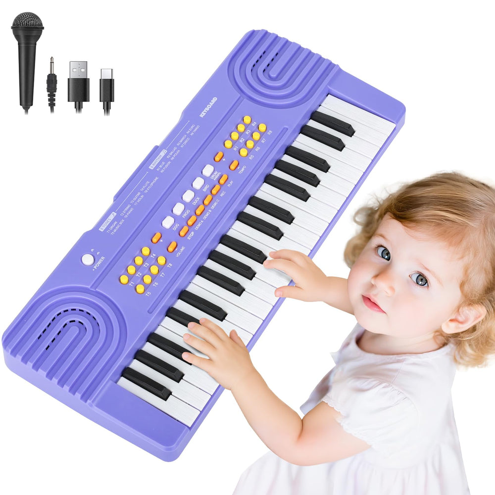 Drmukie 37-key purple kids piano showing the keys and compact design for early music