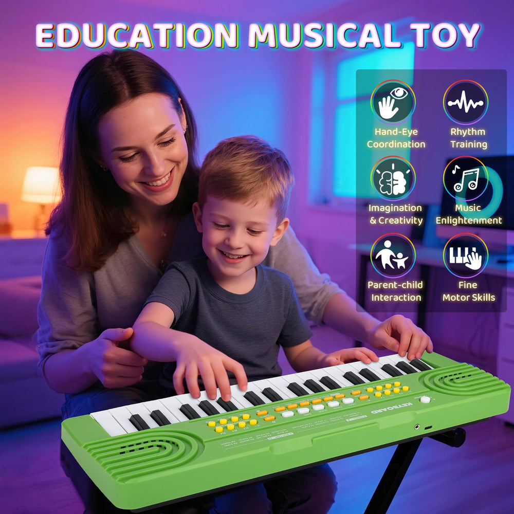 Drmukie kids piano green close-up highlights colorful keys and wood-grain look.