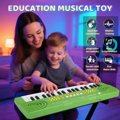 Drmukie kids piano green close-up highlights colorful keys and wood-grain look.