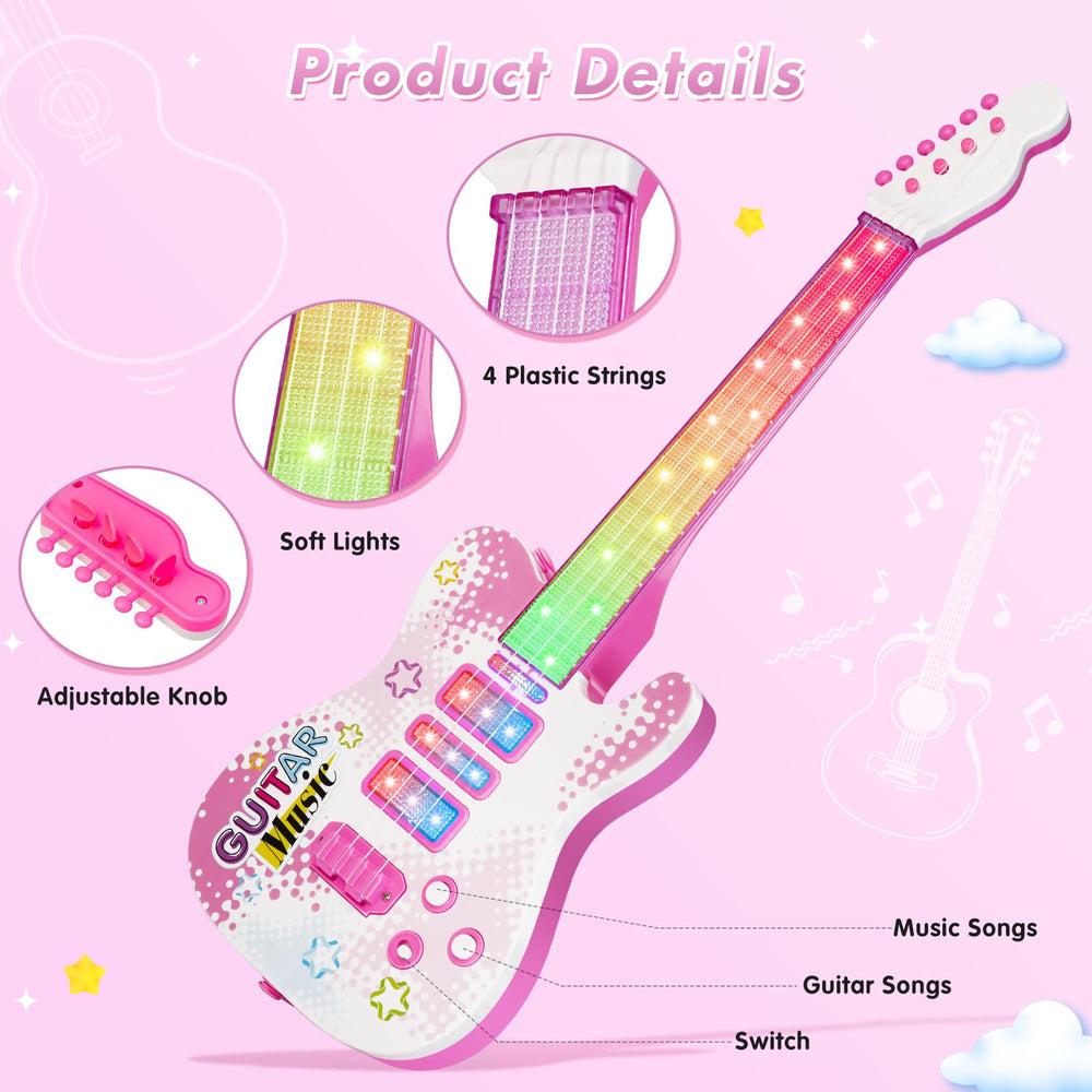 Drmukie pink guitar toy with adjustable strap enables portable play.