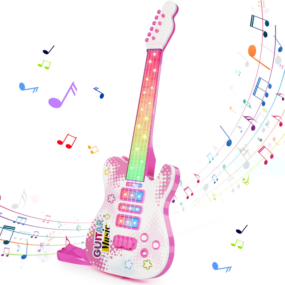 Drmukie pink guitar toy front view supports creative play for toddlers.