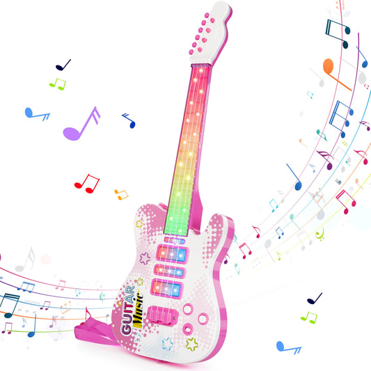Drmukie pink guitar toy front view supports creative play for toddlers.
