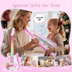 Drmukie pink guitar toy LED lights sync with rhythm for immersion.
